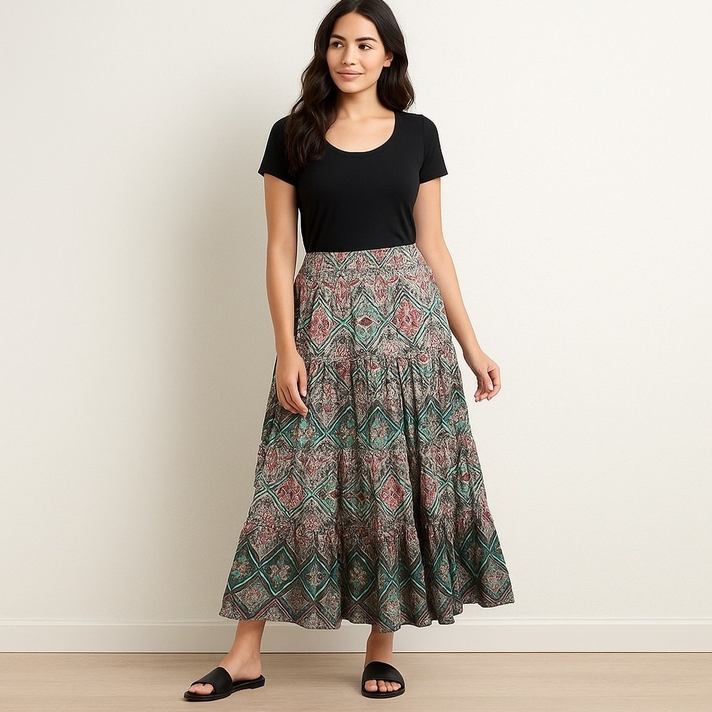 Style & Co. Maxi Skirt Petite Boho Print Tiered Ruffle Hem Elastic Waist PLarge